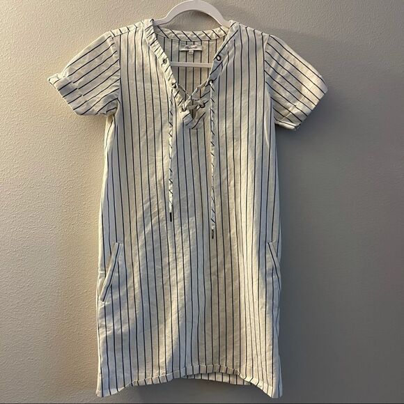Madewell Harbor Lace-Up Shift Dress Striped White Blue Sz XXS F2186 - Picture 2 of 7